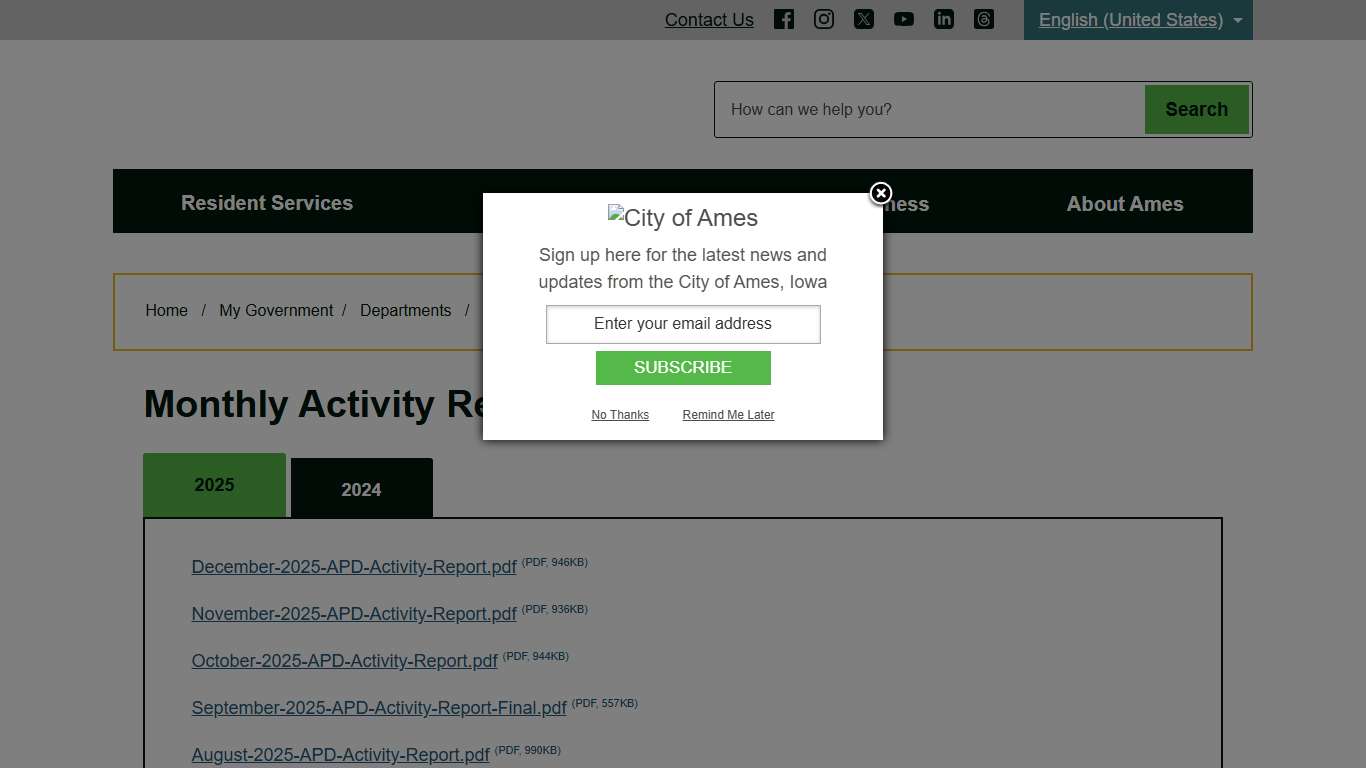 Monthly Activity Reports - City of Ames, Iowa